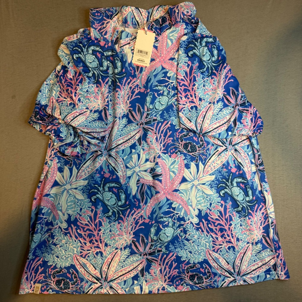 Simply Southern Reef Ruffle Neck Blouse Blue Crab Starfish UPF 50+ Medium NWT